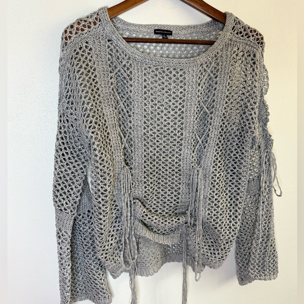 Rebecca Elliott Open Knit Crochet Sweater Gray Side Tie Size M